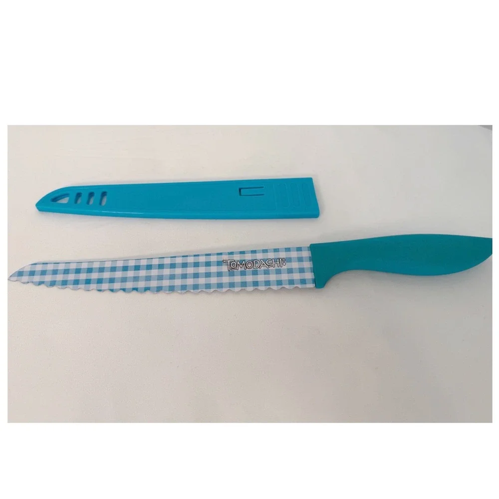 Tomodachi Serrated Utility Knife Blue Gingham Check Pattern Blade Guard 105-14